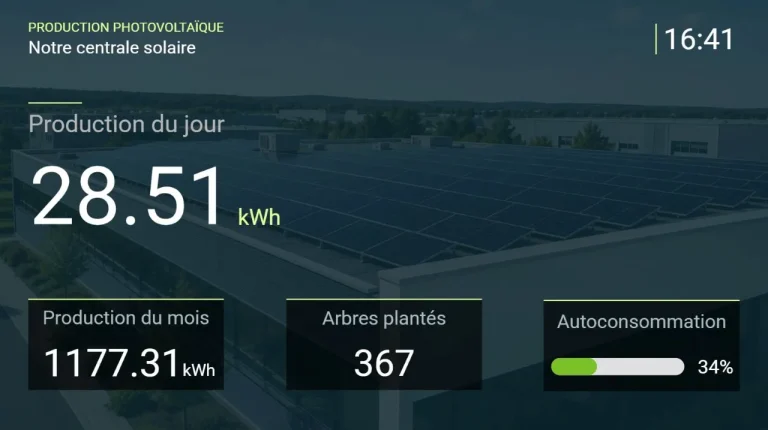 Scène SolarOnTV affichant la production photovoltaïque du jour, la production du mois, les arbres plantés et le taux d'autoconsommation